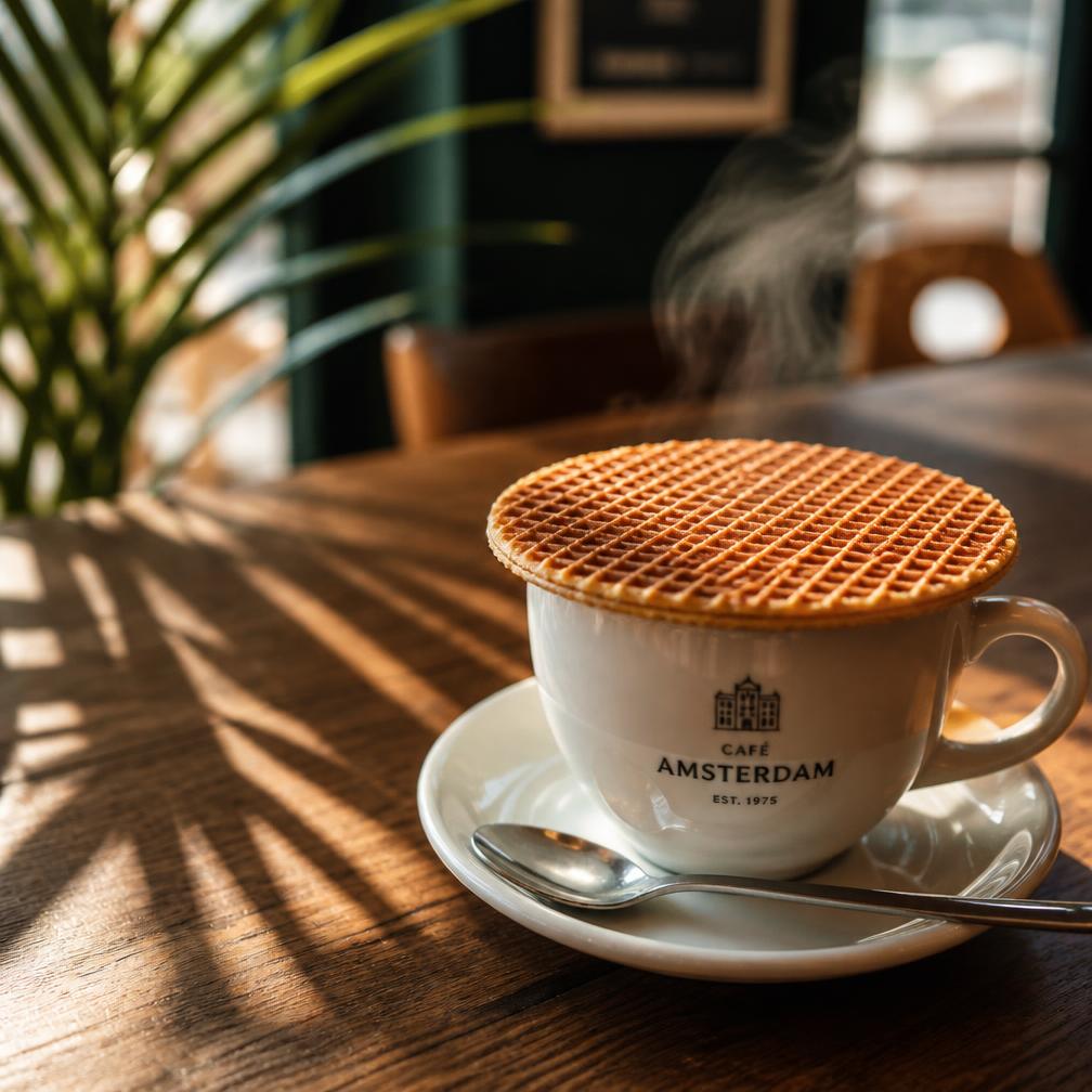 Stroopwafel op een kop koffie in de zon